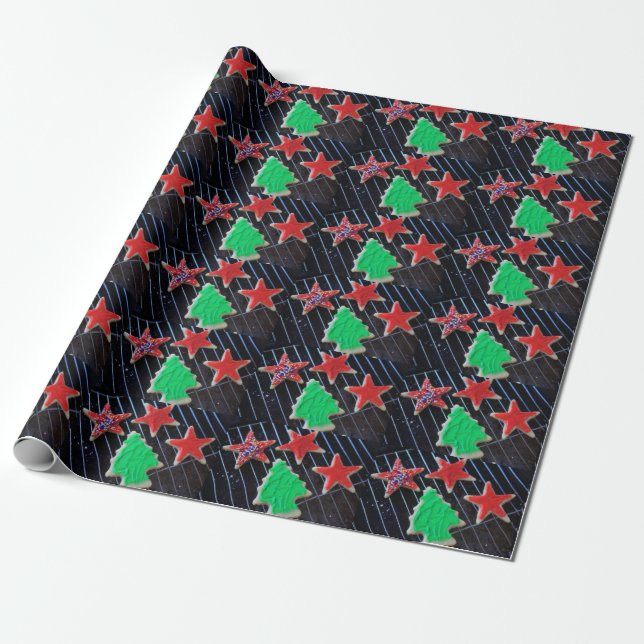 Julstjärnor och träd-kakor presentpapper (Utrullad)