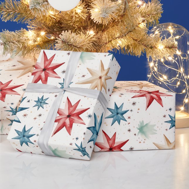 Julstjärnor Ornament Red Blue Modern jul Presentpapper (Helgdagar)