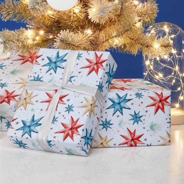 Julstjärnor Ornament Red Blue Modern jul Presentpapper (Helgdagar)