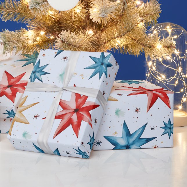 Julstjärnor Ornament Red Blue Modern jul Presentpapper (Helgdagar)