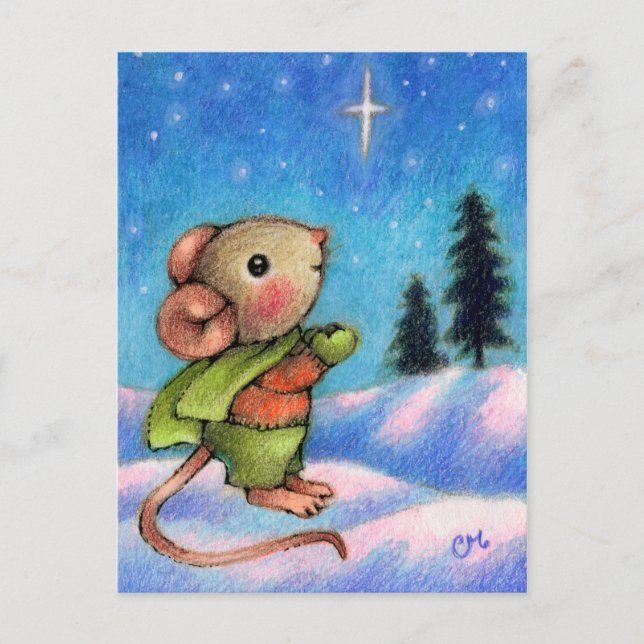 Julstjärnornas önskning - Cute Helgdag Mouse Art Helg Vykort (Framsida)