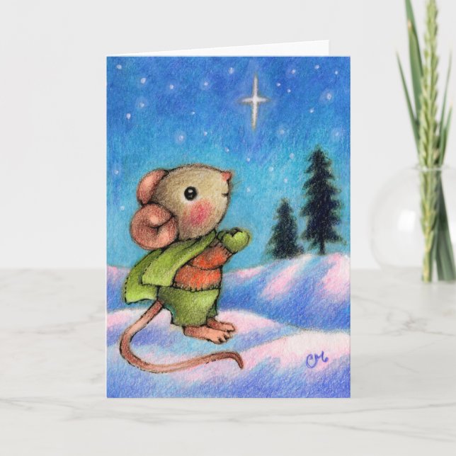 Julstjärnornas önskning - Cute Helgdag Mouse Art Helgkort (Framsida)
