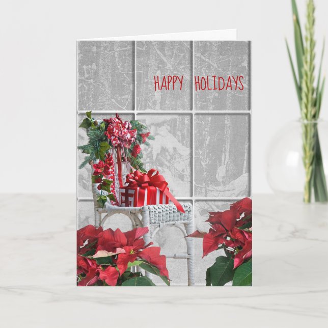 Julstol med poinsettia i fönster kort (Framsida)
