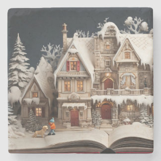 Julstorybook Manor med barn och Hund Stenunderlägg