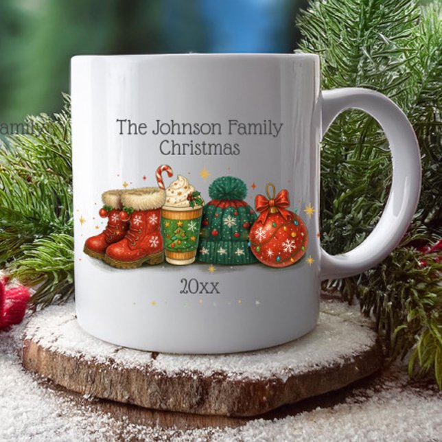 Julstövlar Hattar Familj Jul  Kaffemugg (Festive boots, hat, ornaments and coffee Christmas family name and year mug)
