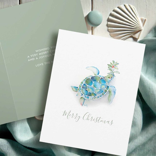 Julstrand Havssköldpadda Akvarell Helgkort (Beach Christmas cards watercolor sea turtle art by Victoria Grigaliunas of Do Tell A Belle)