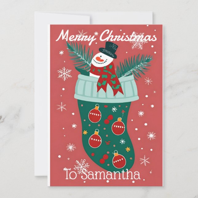 Julstrumpa med en snöman julkort (Framsida)