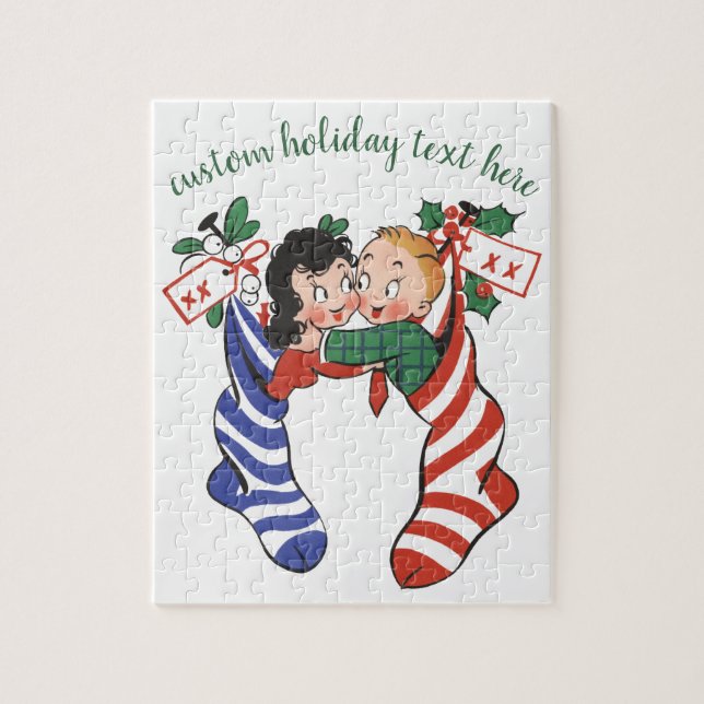 Julstrumpor med söta barn i gammaldags stil pussel (Vertikal)
