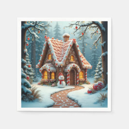 Julstuga i pepparkakor med en snorman pappersservett