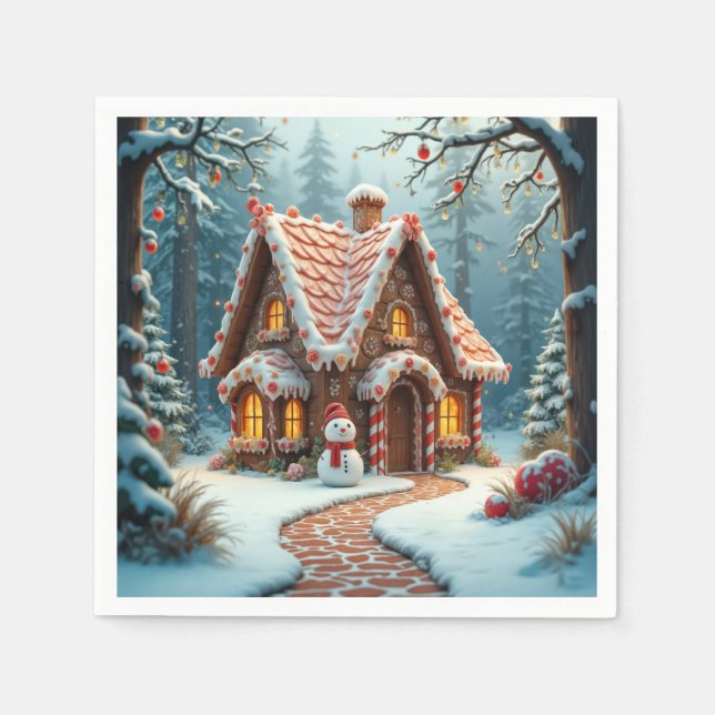 Julstuga i pepparkakor med en snorman  pappersservett (Framsidan)