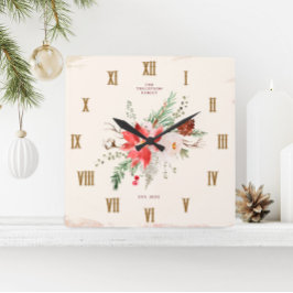 Julstuga jul poinsettia rustik fyrkantig klocka