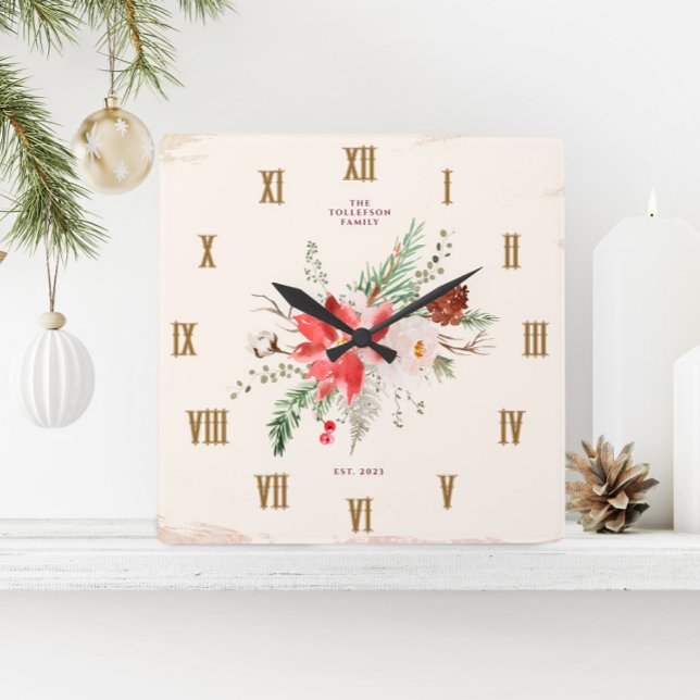 Julstuga jul poinsettia rustik fyrkantig klocka (Christmas Clock - Rustic Farmhouse Vintage Poinsettia Winter Greenery)