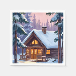 Julstuga Skog Vinter Snö Semester Pappersservett