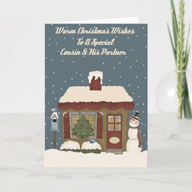 Julstuga till en speciell kusin & partner helgkort (Framsida)