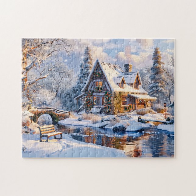Julstuga vid snöig flod pussel (Horisontell)