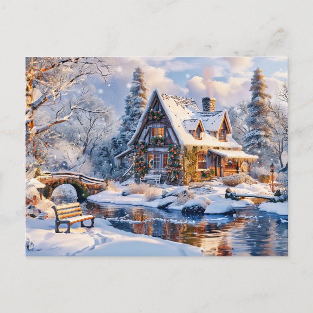 Julstuga vid snöig flod vykort (Framsida)