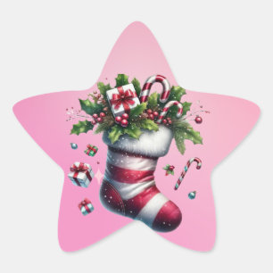 Julstugning med gåvor och Polkagrisar Stjärnformat Klistermärke