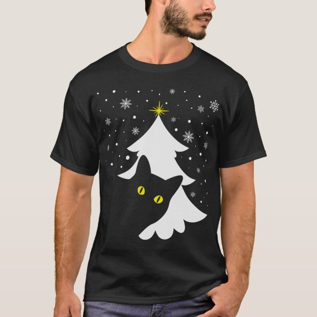 Julsvart katt Julgran snö och stjärnor T Shirt (Framsida)