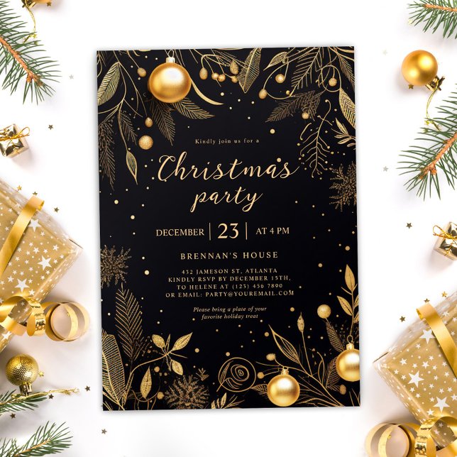 Julsvart och Guld Julfest Inbjudningar (Christmas Black And Gold Holiday Party Invitation)