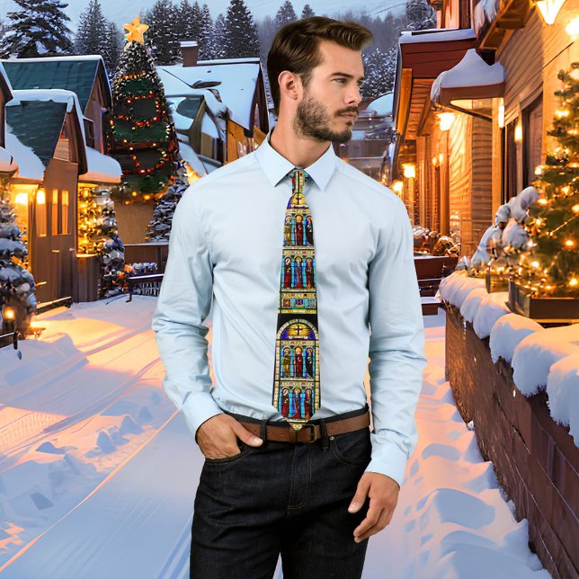 Jultid för fastsatt glaskyrka slips (Tie featuring an image of a stained glass church window. Great as a Christmas gift)