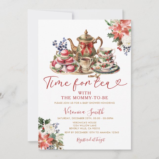 Jultid för Tea Baby Shower med mamma Inbjudningar (Framsida)