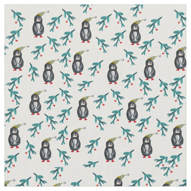 Jultid Penguins Watercolor Tyg (Närbild)