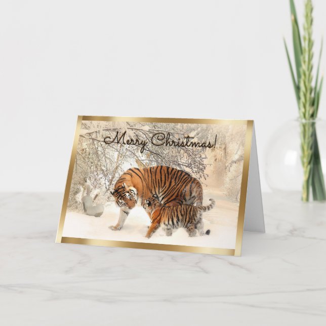 Jultiger Baby och Tiger mamma i snöskog Helgkort (Framsida)