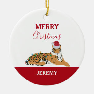 Jultiger, underbart djur med julklapp julgransprydnad keramik
