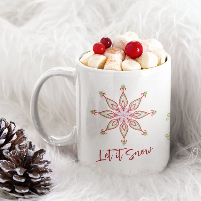 Jultipografi Trendiget Simple Snöflingor Kaffemugg (Whimsical Christmas Snowflake mug with "let it Snow" quote)