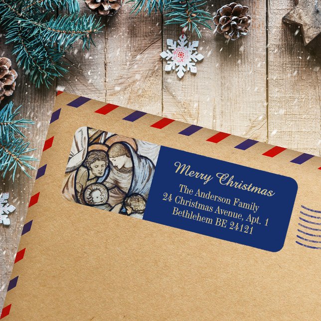 Jultomativitet - kristen katolsk blå modern returadress etikett (Christmas Nativity Scene Religious Christian Catholic Elegant Blue Modern Return Address Label)
