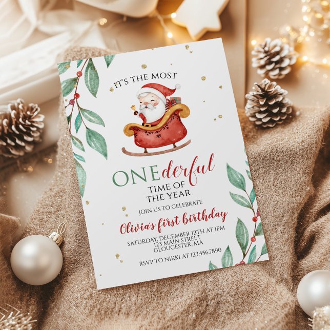 Jultomte Sleigh Onederful Första födelsedag Inbjudningar (Skapare uppladdad)