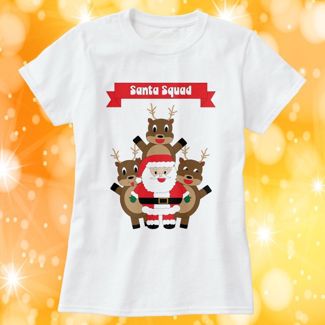 Jultomte Squad Reindeer Funny T Shirt (A funny Christmas shirt featuring Santa and Reindeer with a banner that says Santa Squad.)