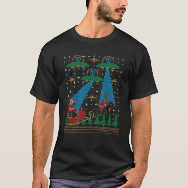 Jultomten Alien Invasion Space UFO Ugly Christma T Shirt (Framsida)