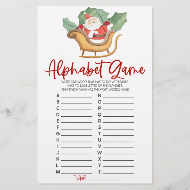 Jultomten Alphabet Baby Shower Game Brevpapper (Framsida)