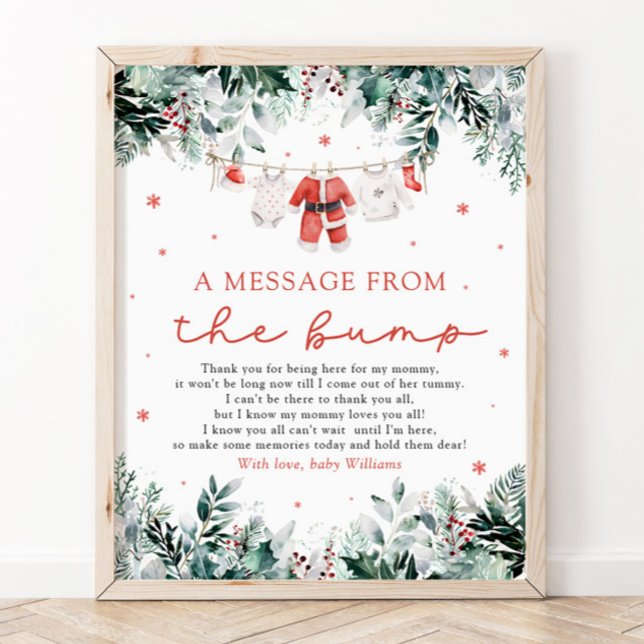 Jultomten Baby ett meddelande från klumpsignalen Poster (Watercolor Christmas Santa Baby A Message From The Bump Baby Shower Sign)