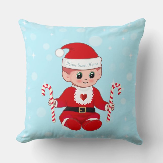 Jultomten Baby och Polkagrisar på Light Blue Kudde (Framsida)