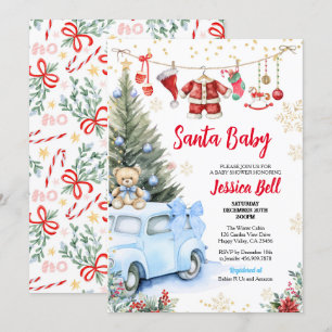 Jultomten Baby Shower Boy Blue Retro Car Inbjudningar