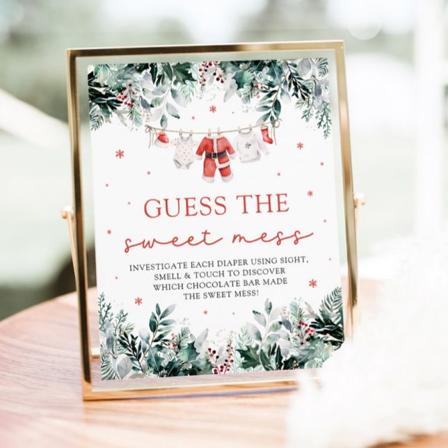 Jultomten Baby Shower gissar  Poster (Watercolor Christmas Santa Baby Shower Guess the Sweet Mess Game Sign)