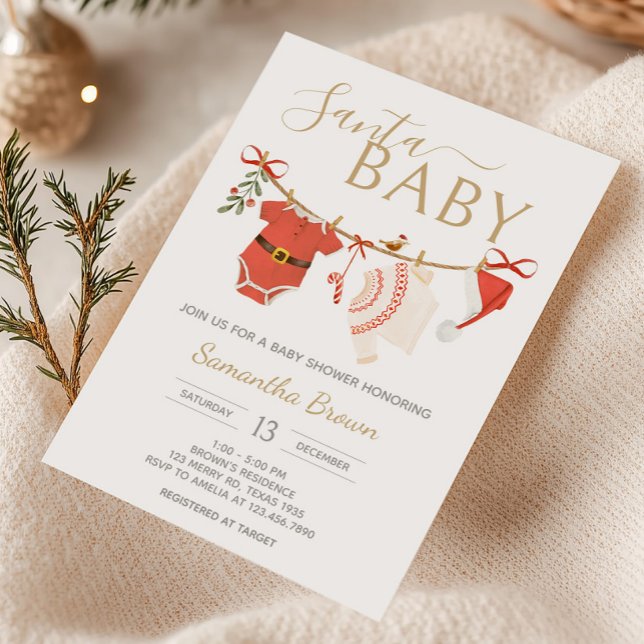 jultomten Baby Shower Inbjudningar (Santa Baby Clothesline Christmas Baby Shower Invitation)