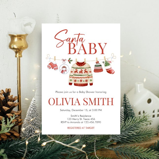 jultomten Baby Shower Inbjudningar (Christmas Santa Baby Clothesline Baby Shower Invitation)