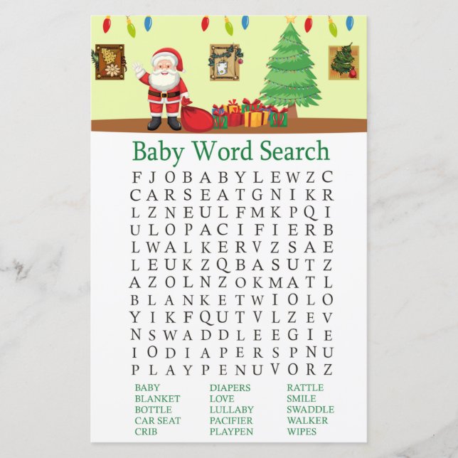 Jultomten Baby Shower Ord Search-spel (Framsida)