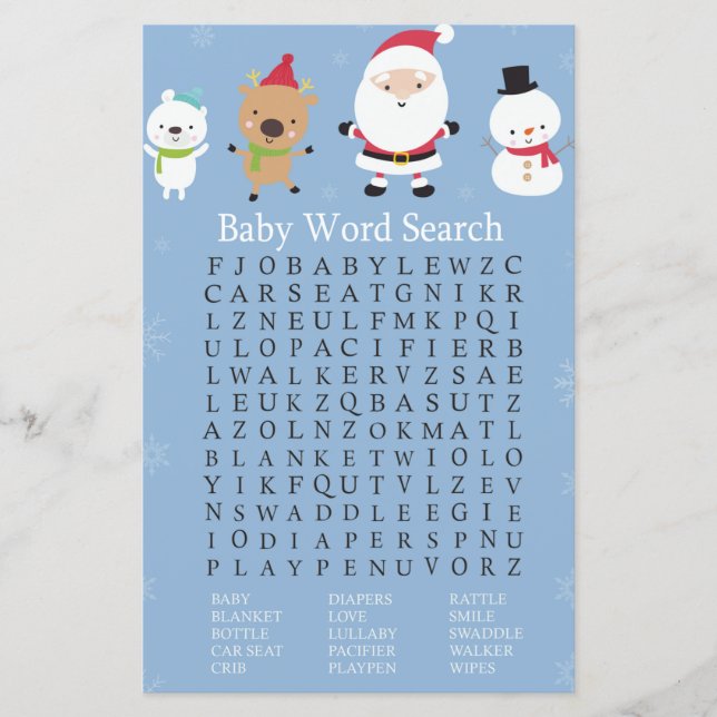 Jultomten Baby Shower Ord Search-spel (Framsida)