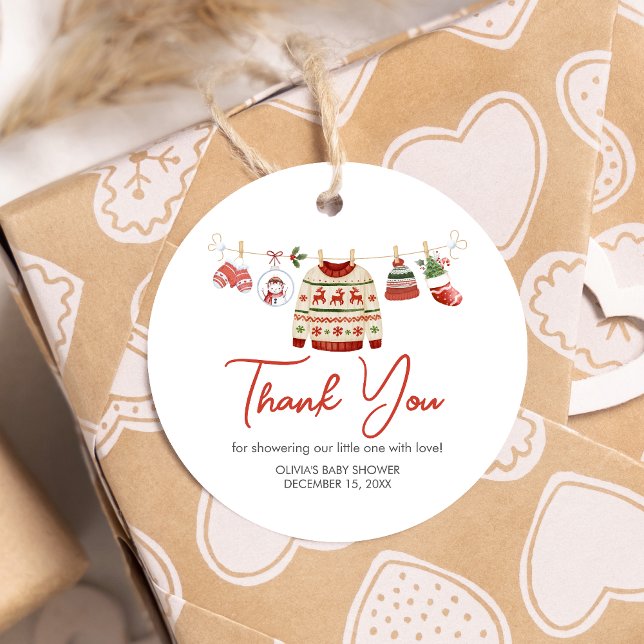 Jultomten Baby Shower Round Gåvor Etiketter (Christmas Santa Baby Clothesline Baby Shower Favor Tags)
