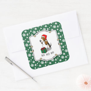 Jultomten Basset Hound (Tri färg 1) Cute Fyrkantigt Klistermärke
