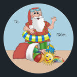 Jultomten Beach-Märkrn för julgåva Runt Klistermärke<br><div class="desc">Den tropiska stranden är på en strand och fortfarande redo till jul! Underbar för märkre,  brev sälar och DIY-hantverk! Det är en varm och solig jul för jultomten i år! Skriva i eget till från meddelanden!</div>