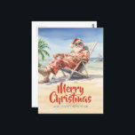 Jultomten Beach Watercolor Vykort<br><div class="desc">jultomten lustig teckning,  tecknad vattenfärgillustration,  drinkcocktail sol sommar,  far fuktig stol,  resort lycklig sandberöm,  havshälhavskorridorer helgdag,  man julafton tropiska,  strand jultomten</div>