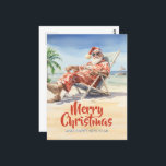 Jultomten Beach Watercolor Vykort<br><div class="desc">jultomten lustig teckning,  tecknad vattenfärgillustration,  drinkcocktail sol sommar,  far fuktig stol,  resort lycklig sandberöm,  havshälhavskorridorer helgdag,  man julafton tropiska,  strand jultomten</div>