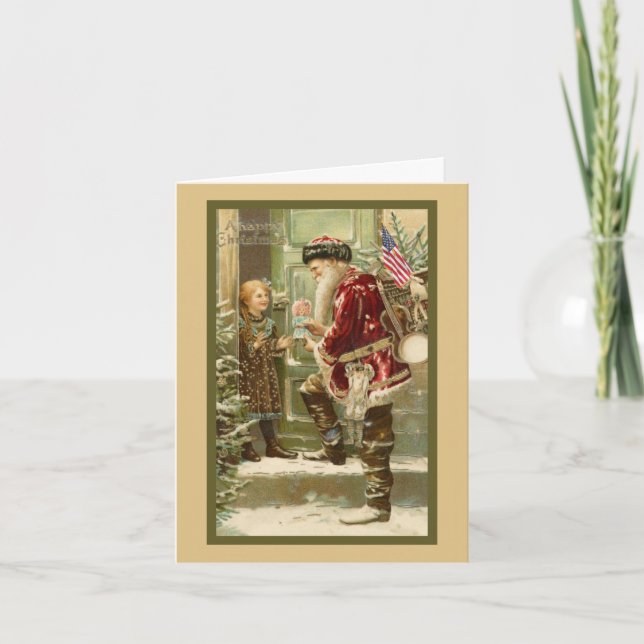 Jultomten besöksbarn vid jul helgkort (Framsida)