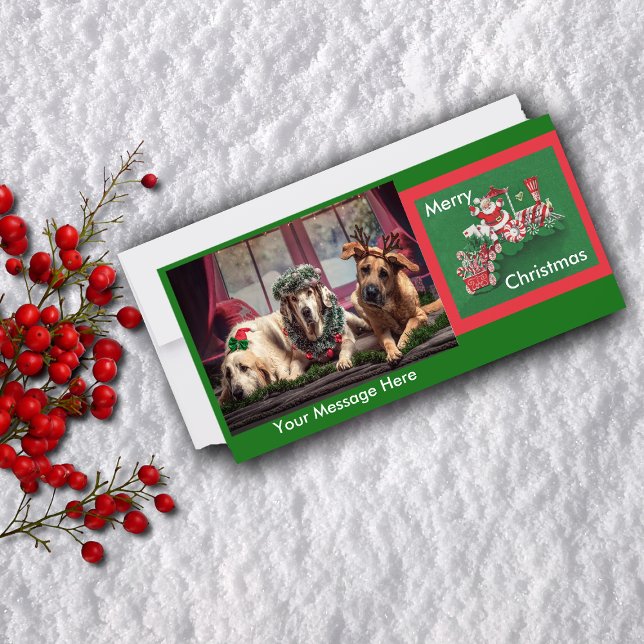 Jultomten Candy Tåg Julkort (Santa Claus Riding peppermint candy train on red and green flat Christmas photo greeting card.)