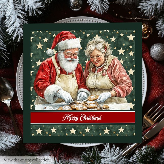 Jultomten Cooking Watercolor Napkin Pappersservett (Mr. and Mrs. Santa Claus Cooking Watercolor Napkin)